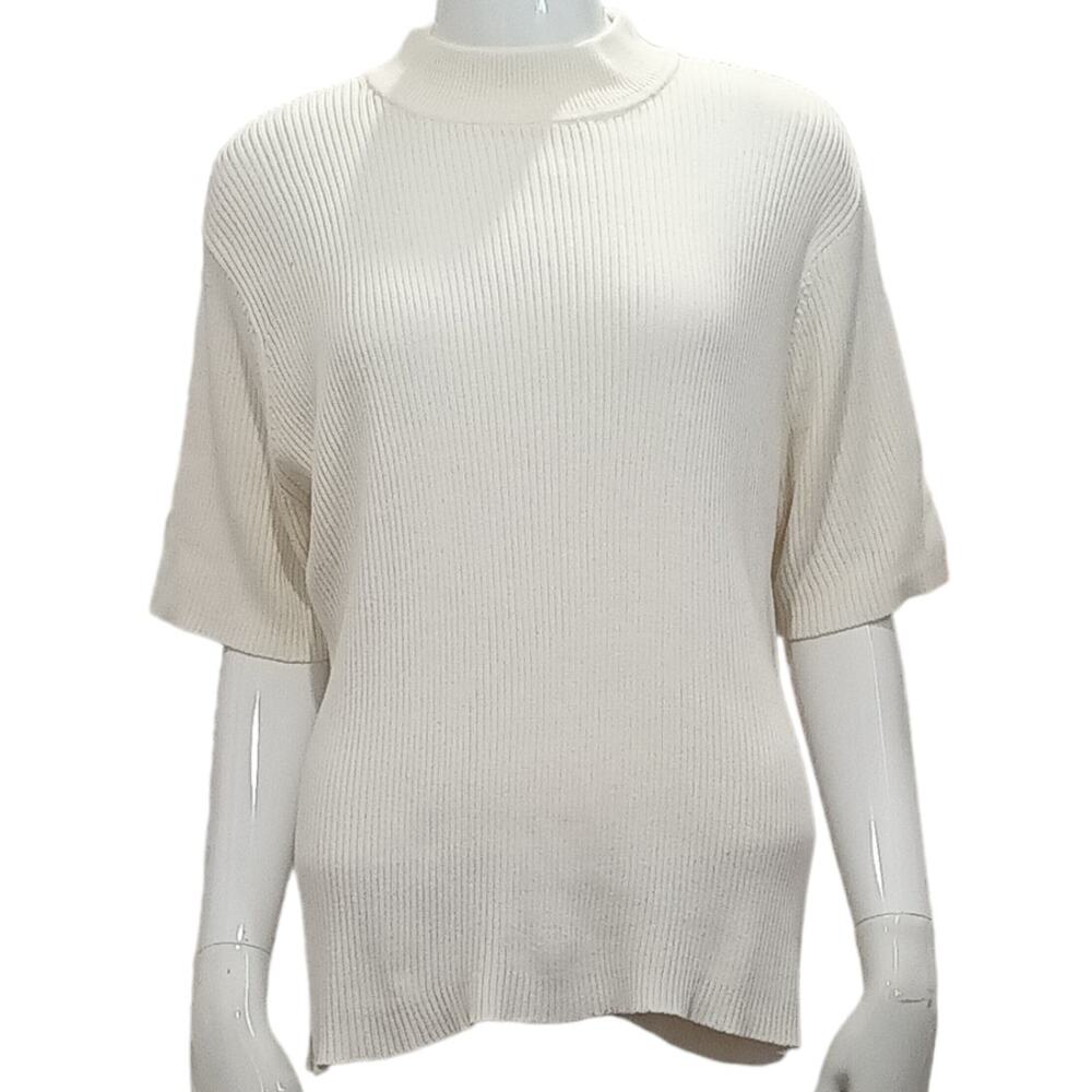 YARNWORKS Short Sleeved White Crew Neck Ribbed Sweater Size XL